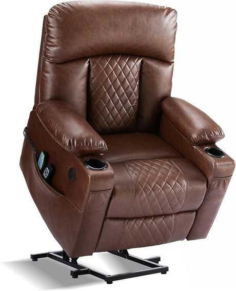 Electric Lift Recliner Chair for Elderly,Dual Motor Lay Flat Leather Recliners with Heat and Massage,One Touch Reset with Cupholder,USB & Type C Ports (Light Brown)