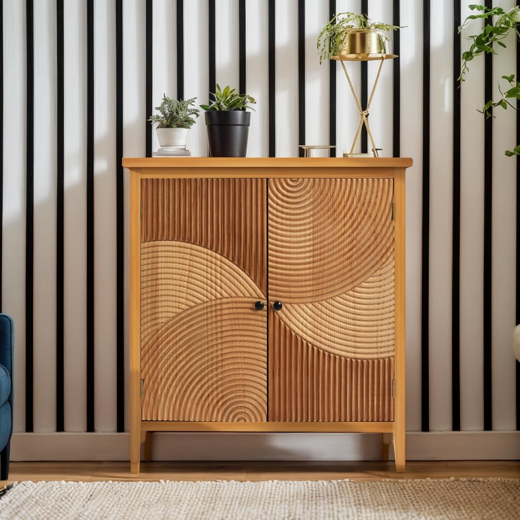 Geometric Wood Storage Cabinet with 2 Carved Doors – Natural Sideboard Console