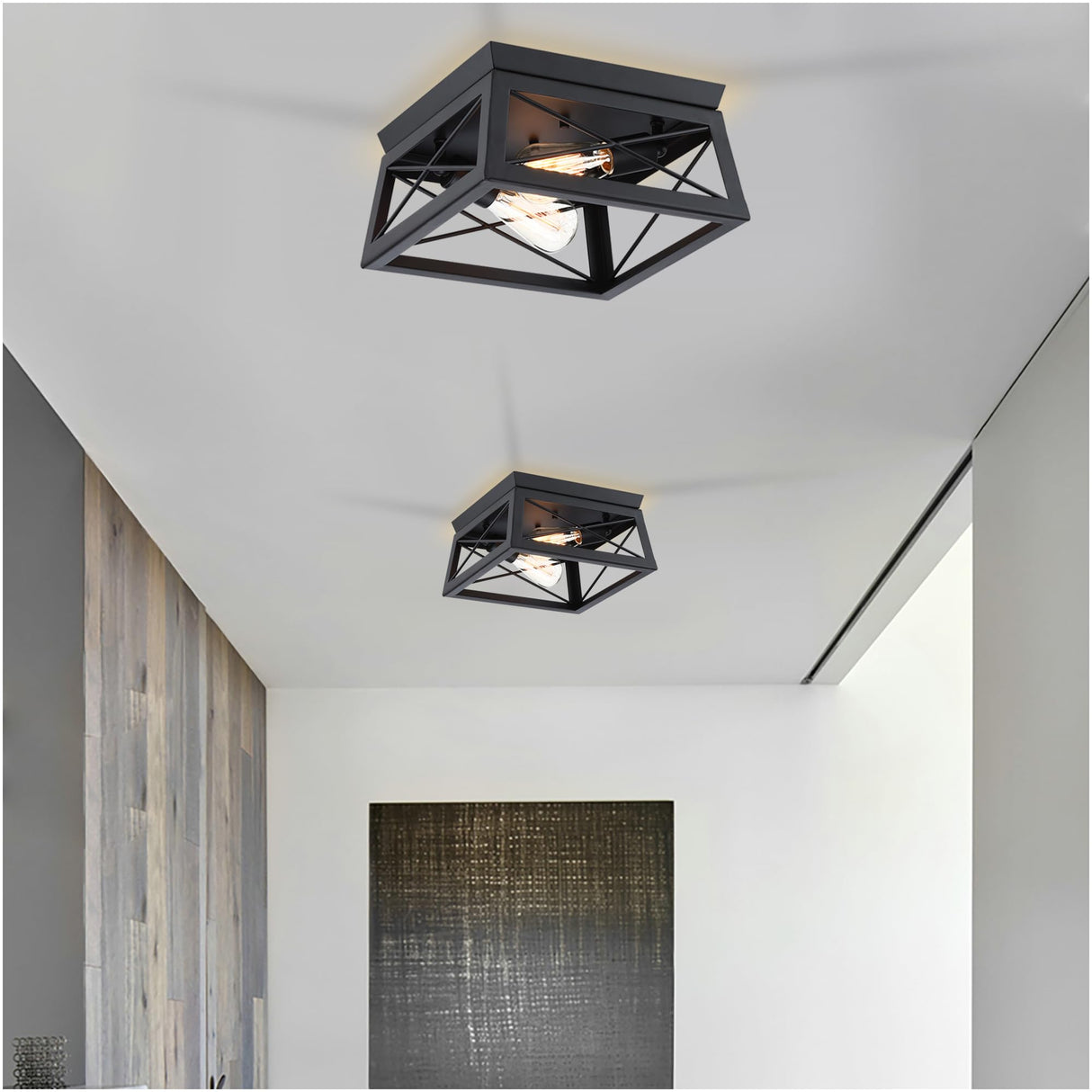 Black Flush Mount Ceiling Light, 2 Bulb Farmhouse Ceiling Light Fixture for Closet Hallway