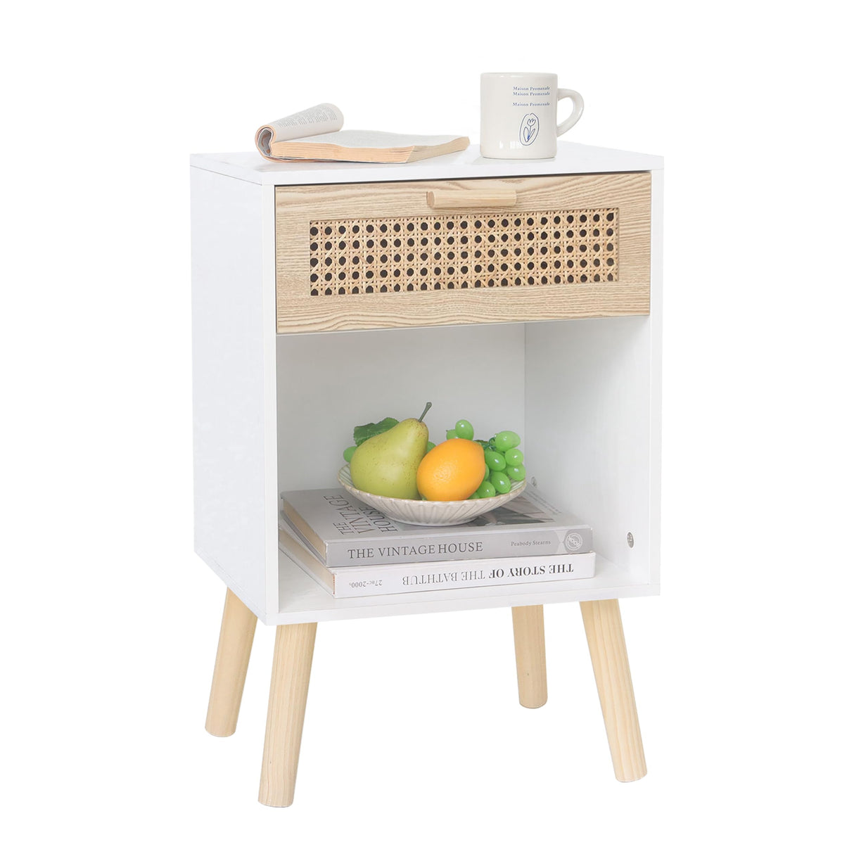White Rattan Nightstand, Modern Nightstand with Rattan Drawer
