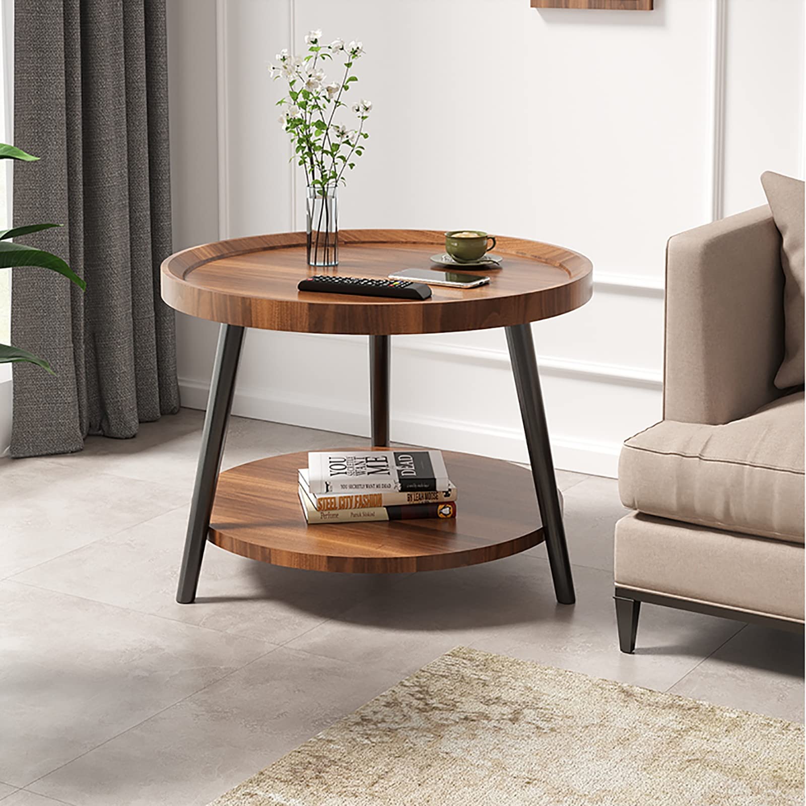 Round Coffee Table, Modern Simple Double-Layer Sofa Side Table/Bedside Table
