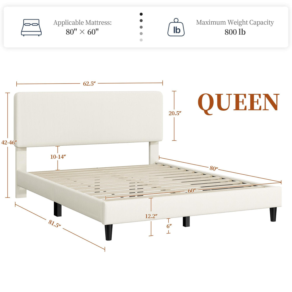 Queen Bed Frame with Adjustable Chenille Upholstered Headboard