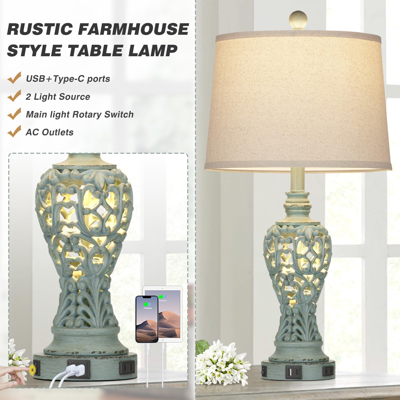 Rinweey Farmhouse Table Lamps Set of 2 with Nightlight, Coastal Bedside Lamps with USB A+C Ports & AC Outlet, Blue Vintage Nightstand Lamps for Bedroom Living Room