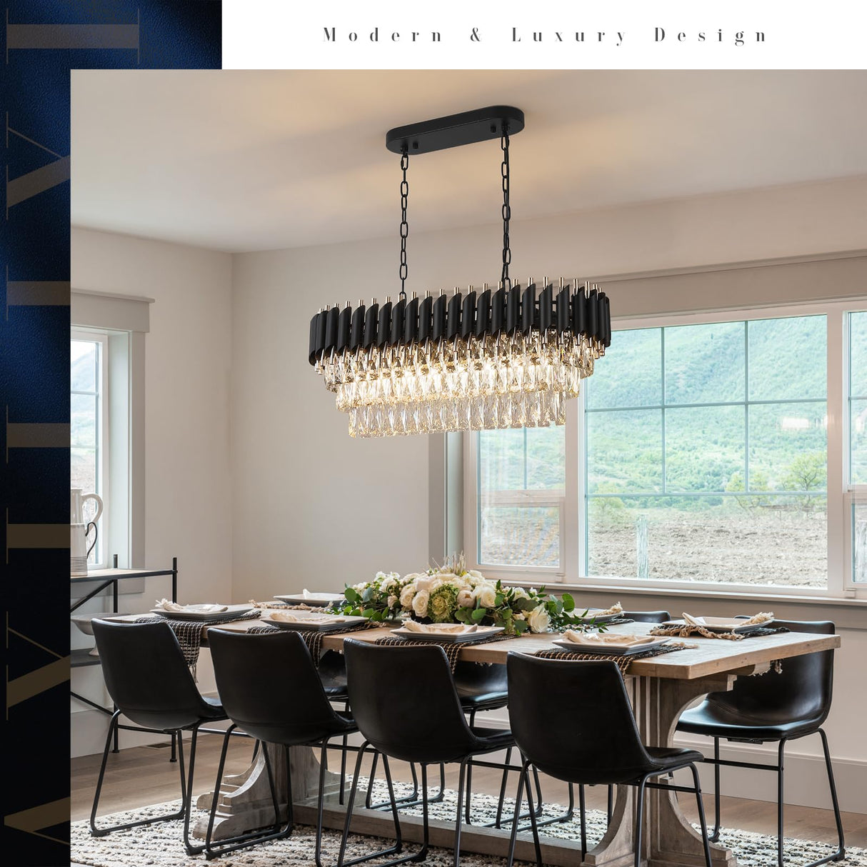 Modern Rectangular Chandelier Black and Gold Crystal Chandeliers for Dining Room