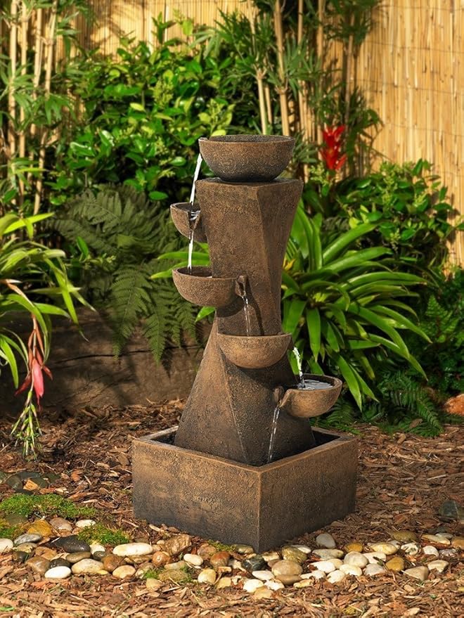 Rustic Modern Outdoor Floor Water Fountain 35" High with LED Light Cascading