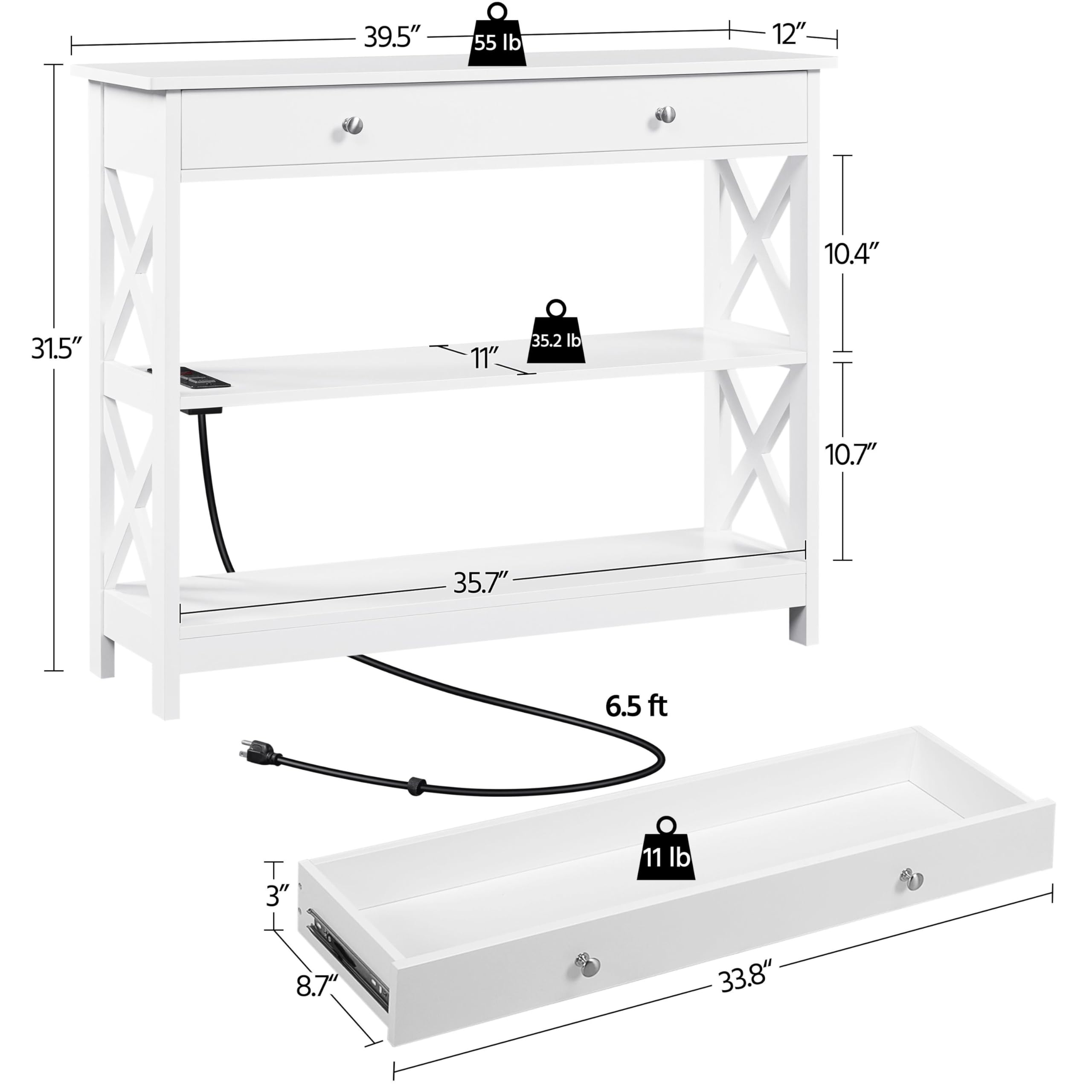 Entryway Table with Drawer, Wood Console Table with Outlets and USB Ports,