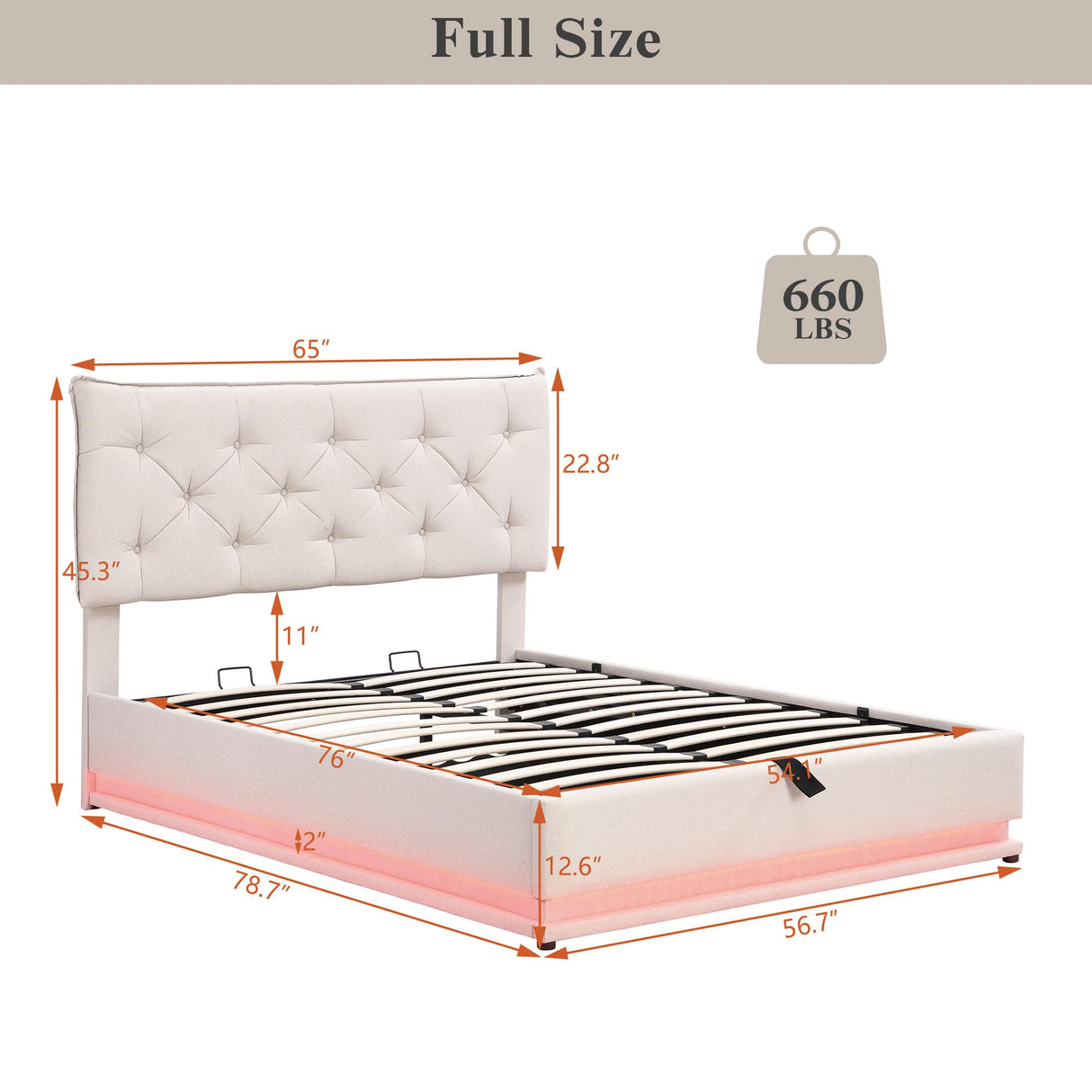 Full Size Upholstered Bed with Hydraulic Storage System and LED Light, Modern Platform