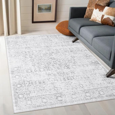 Washable Area Rug 8x10 Large Boho Living Room Rug Vintage Grey Rug for Bedroom