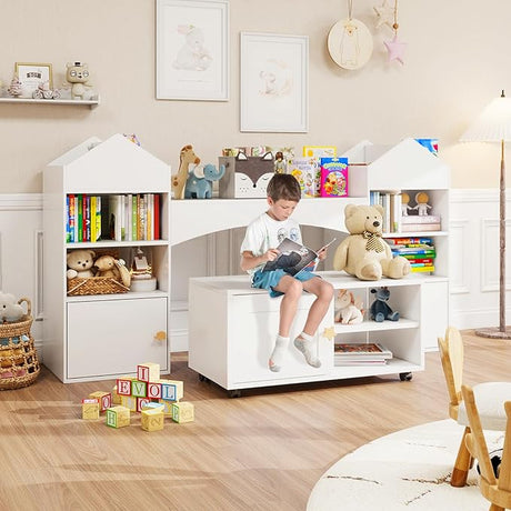 Bookshelf and Toy Storage Organizer with Pull-Out Drawers, White Children Small Book