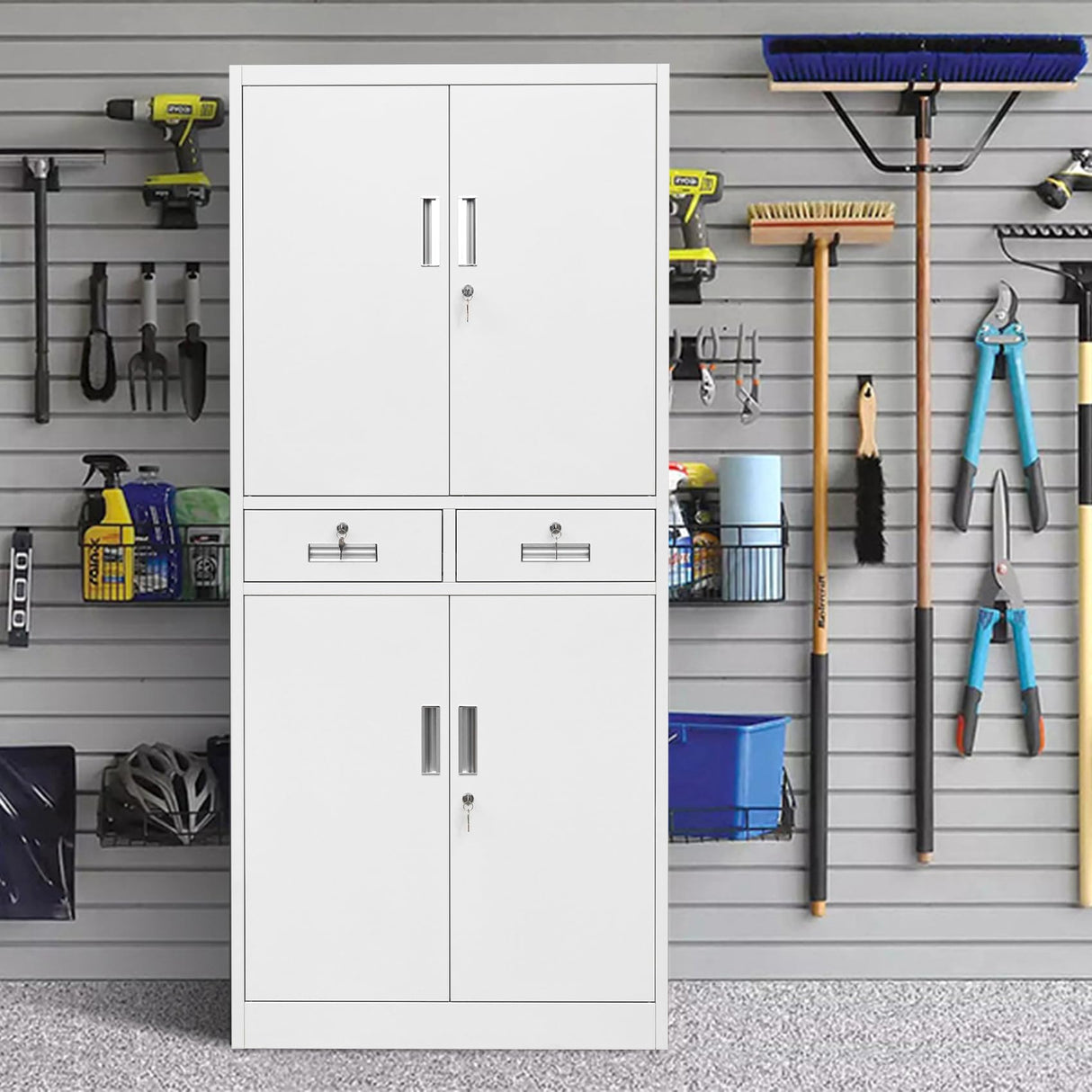 Metal Storage Cabinet, Locking Storage Cabinet with Drawers and Adjustable Shelves