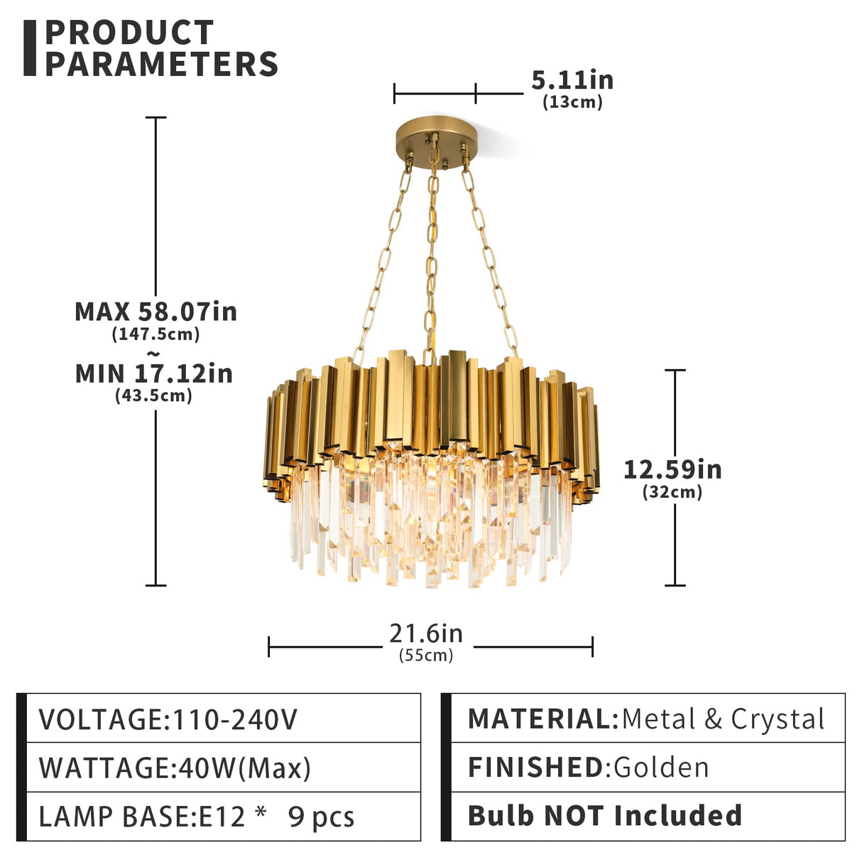 AKDXIRUN Gold Crystal Chandelier 9 Lights Round W22in + 3 Lights Chandelier W12 for Dining Room Living Room Bedroom Kitchen Island