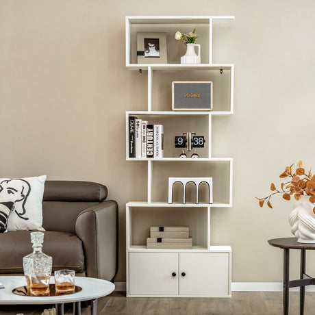 6-Tier Geometric Bookcase with Cabinet, Freestanding Display Shelves