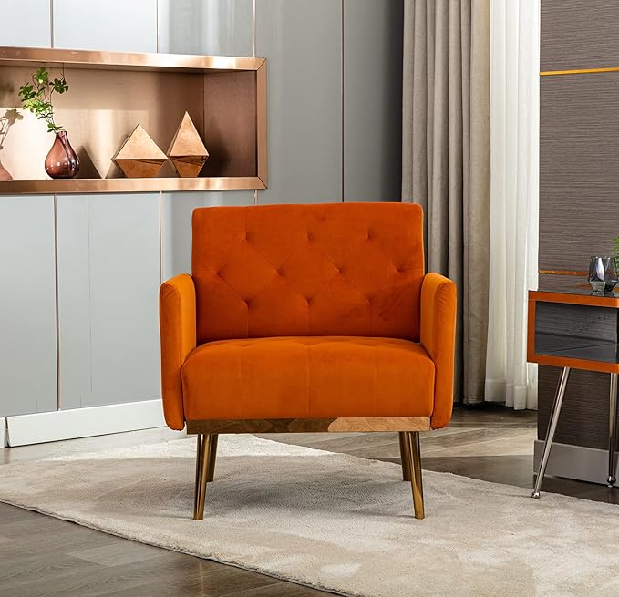 Modern Velvet Accent Chair, Upholstered Single Sofa Chair with Rose Gold Metal Trim, Comfy Living Room Lounge Armchair for Relaxing, Navy Blue