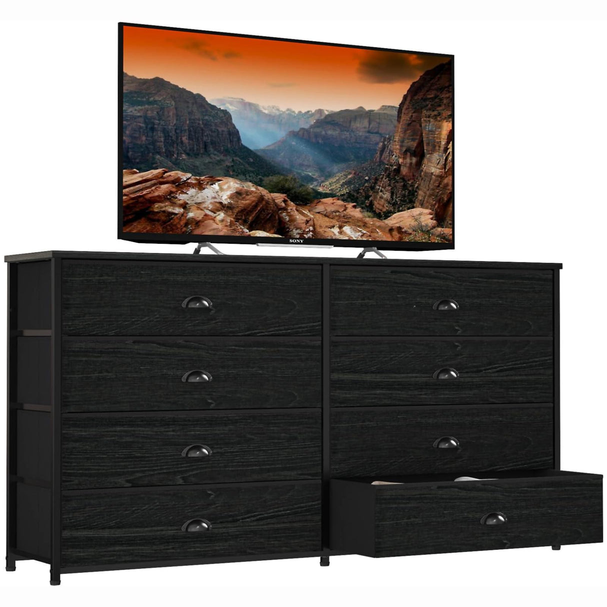 Furnulem Wide Dresser with 8 Fabric Drawers, TV Entertainment Center with Storage for 55'' TV, Large Chest of Drawers for Bedroom, Living Room, Dorm, Closet, Entryway, Wood Top (Black Oak)