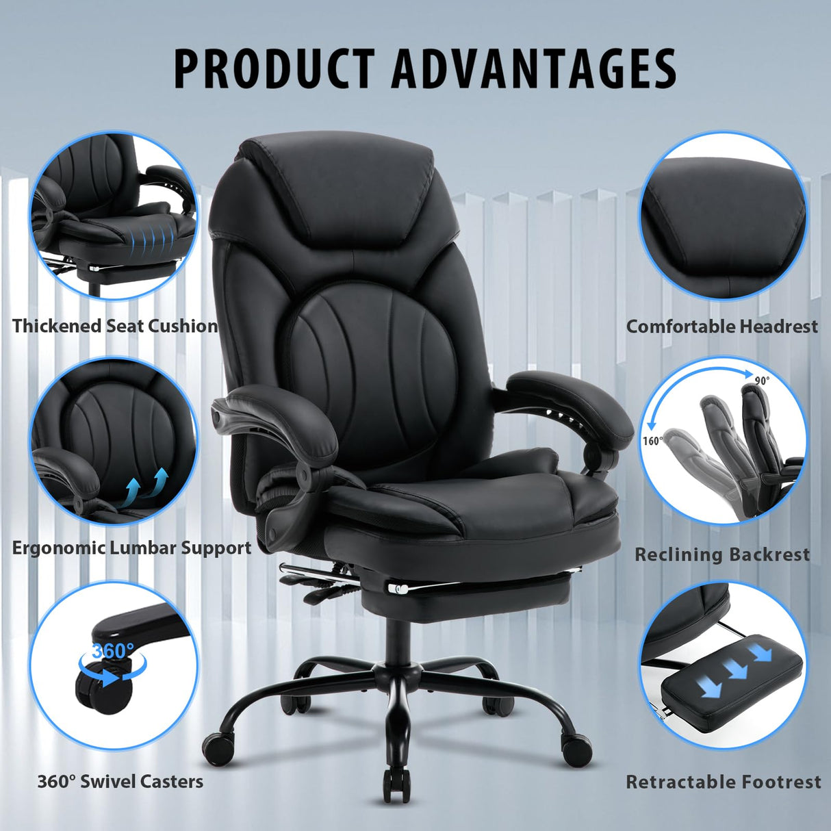 350lbs Reclining Office Desk Chairs with Back Support Footrest, PU Leather Wide