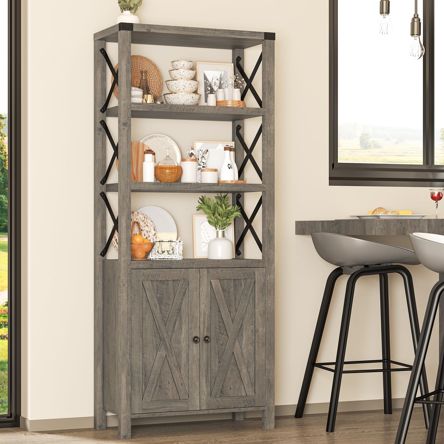Book Shelf with Storage Cabinet, Farmhouse 5-Tier Bookshelf