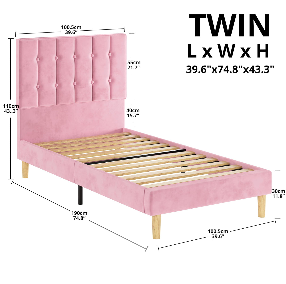 Twin Velvet Upholstered Platform Bed Frame with Headboard - Pink