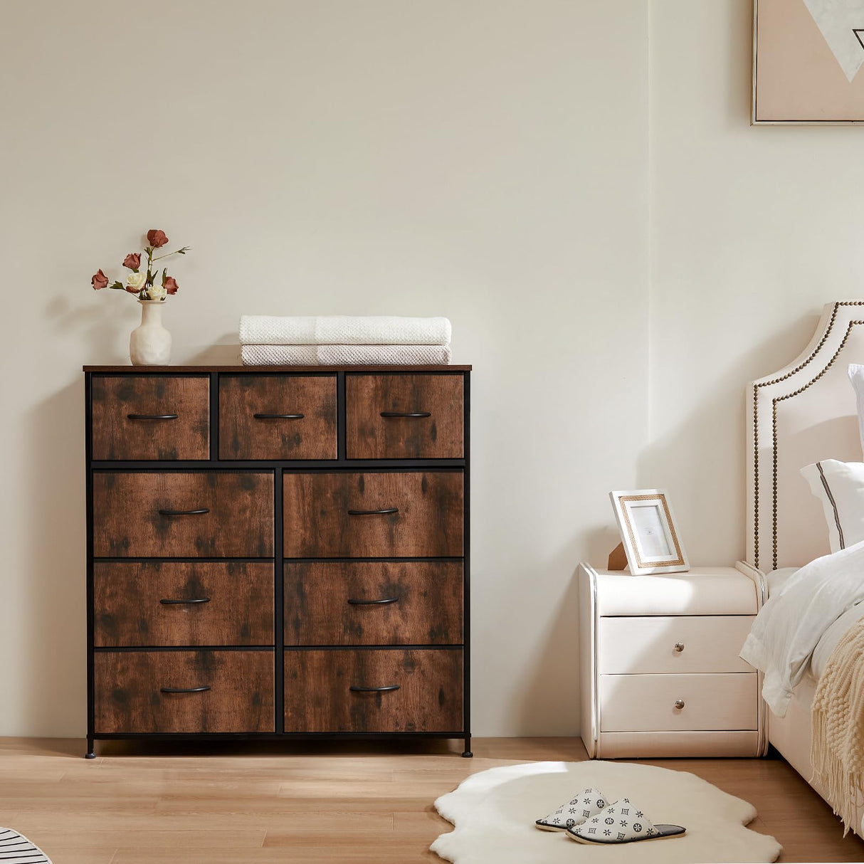 Dresser for Bedroom with 9 Fabric Drawers, Tall Chest Organizer Units for Clothing