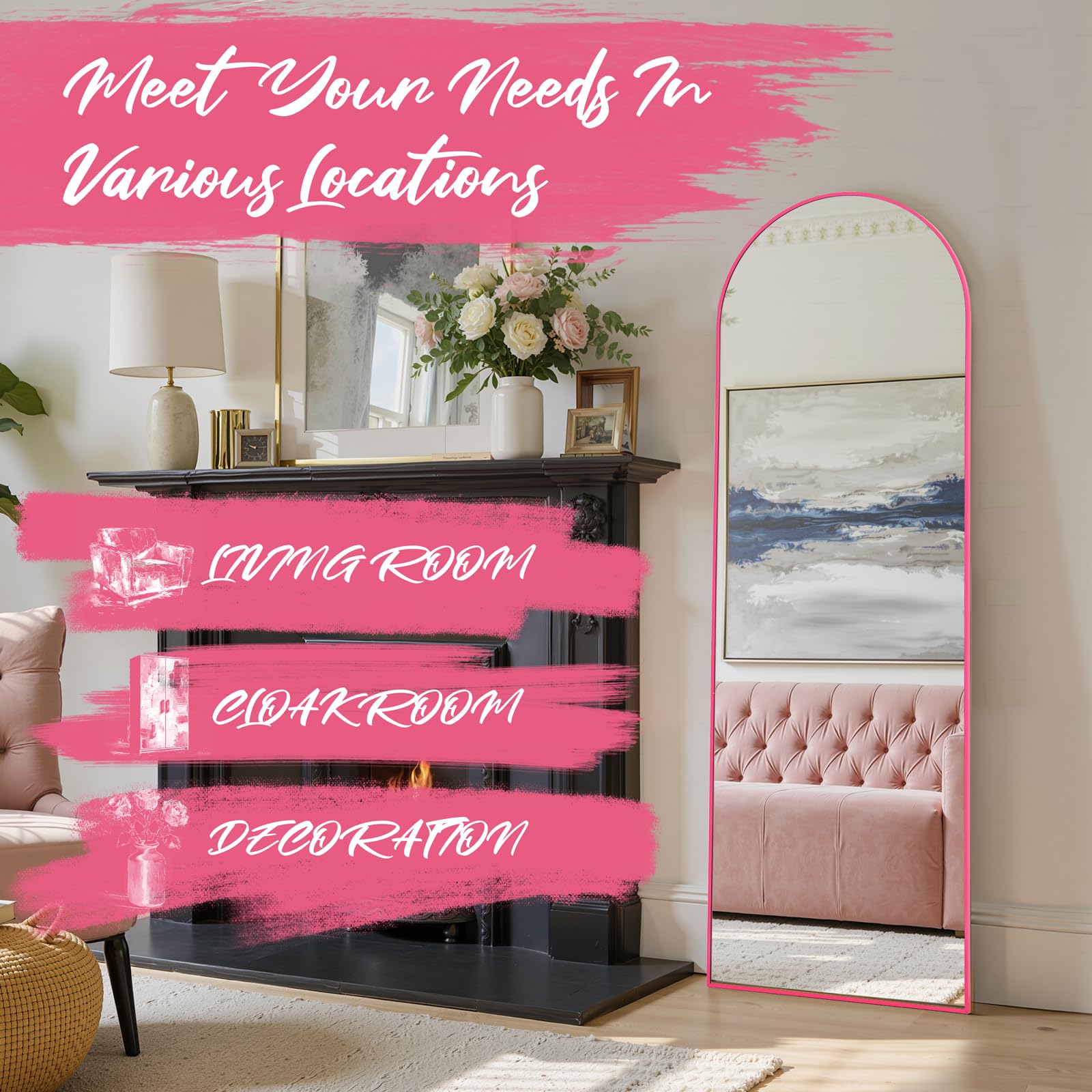 Arched Full Length Mirror 19x57 - Pink Aluminum Frame Floor Mirror