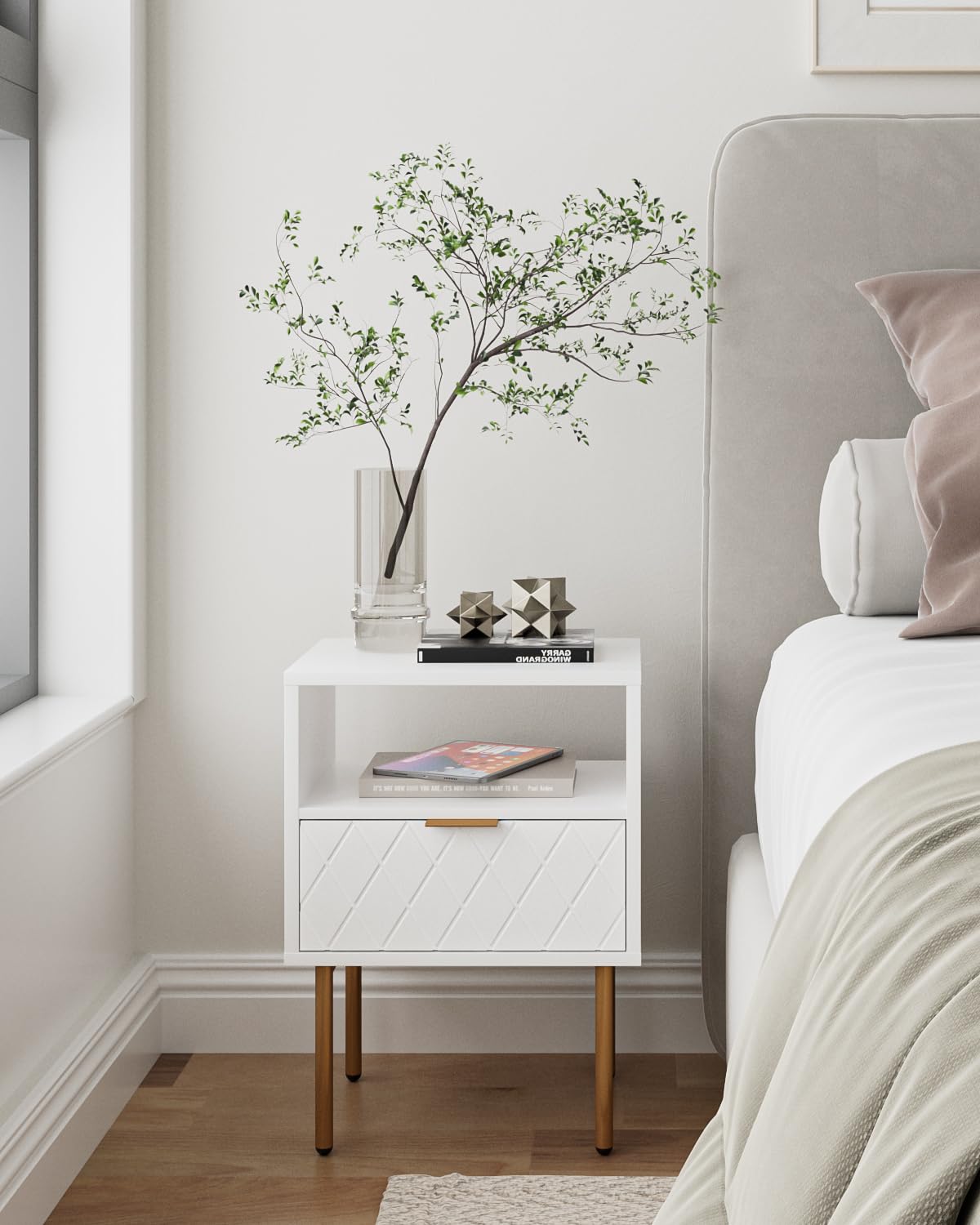 Nightstand,Small Bedside Table with Gold Frame