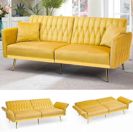 70” Velvet Futon Sofa Bed w/Adjustable Armrests and Backrest, Convertible Futon Couch