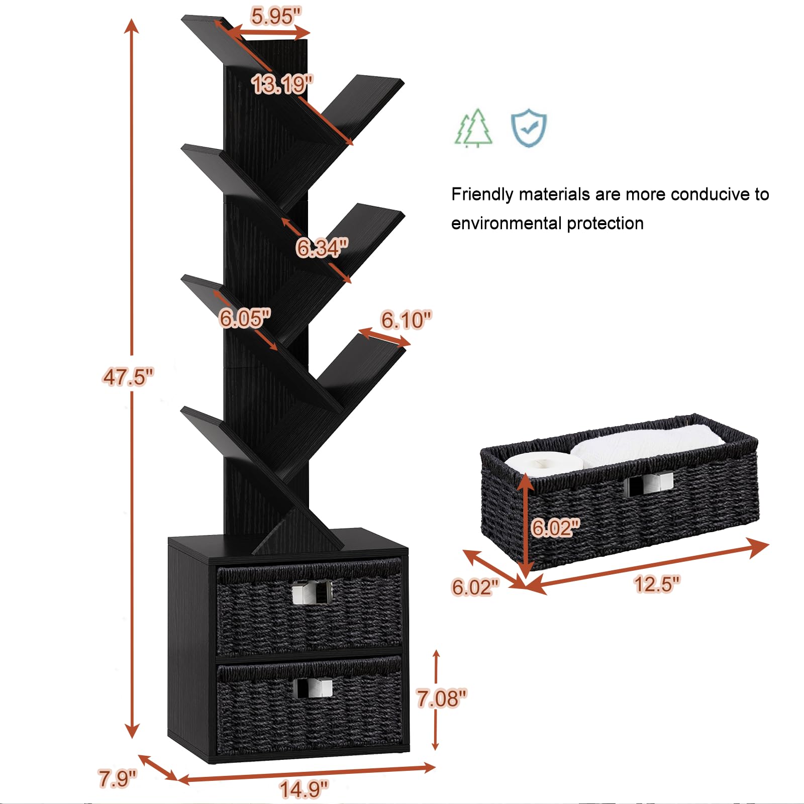 Vagusicc 6 Tier Tree Bookshelf, Modern Floor Standing Bookcase with Storage Drawer, Space Saving Storage Organizer Book Shelves for Books, Tall Wood Storage Rack for Bedroom/Living Room/Home Office