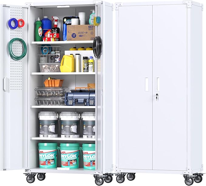 72 Inches Metal Garage Storage Cabinet with Wheels, Locking Metal Storage Cabinet