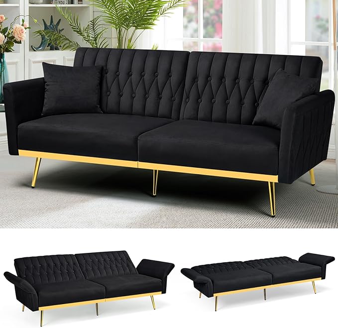 70” Velvet Futon Sofa Bed with 2 Pillows and Adjustable Armrests, Convertible Sleeper Bed