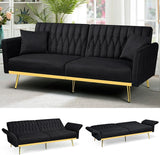 70” Velvet Futon Sofa Bed with 2 Pillows and Adjustable Armrests, Convertible Sleeper Bed