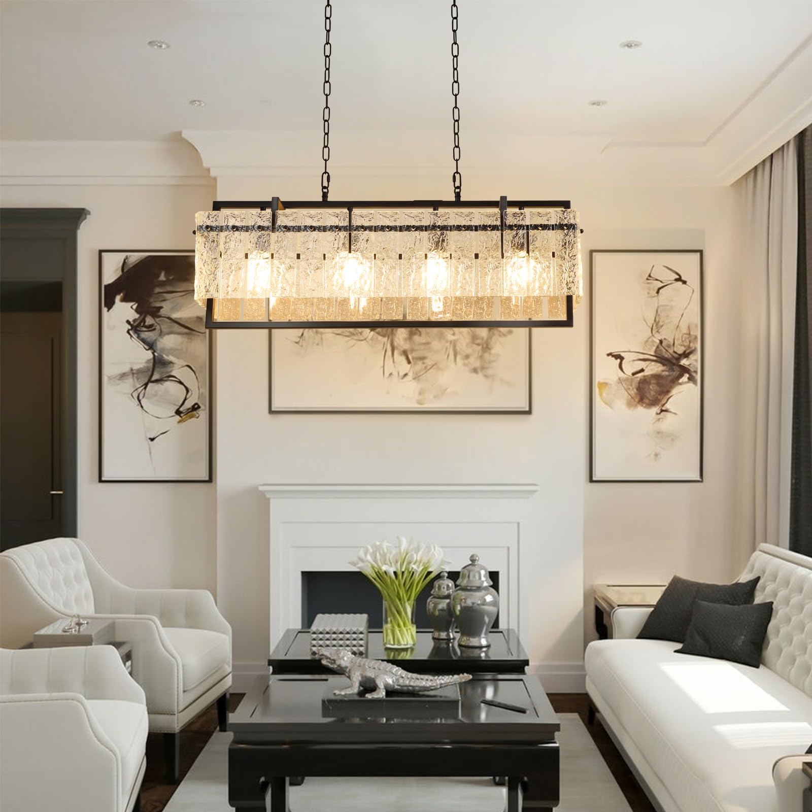 Modern Rectangular Crystal Chandelier, 4-Light Black Linear Farmhouse Lighting, 34”