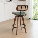 Rattan Bar Stools Set of 2, Faux Leather Counter Height Swivel Barstools