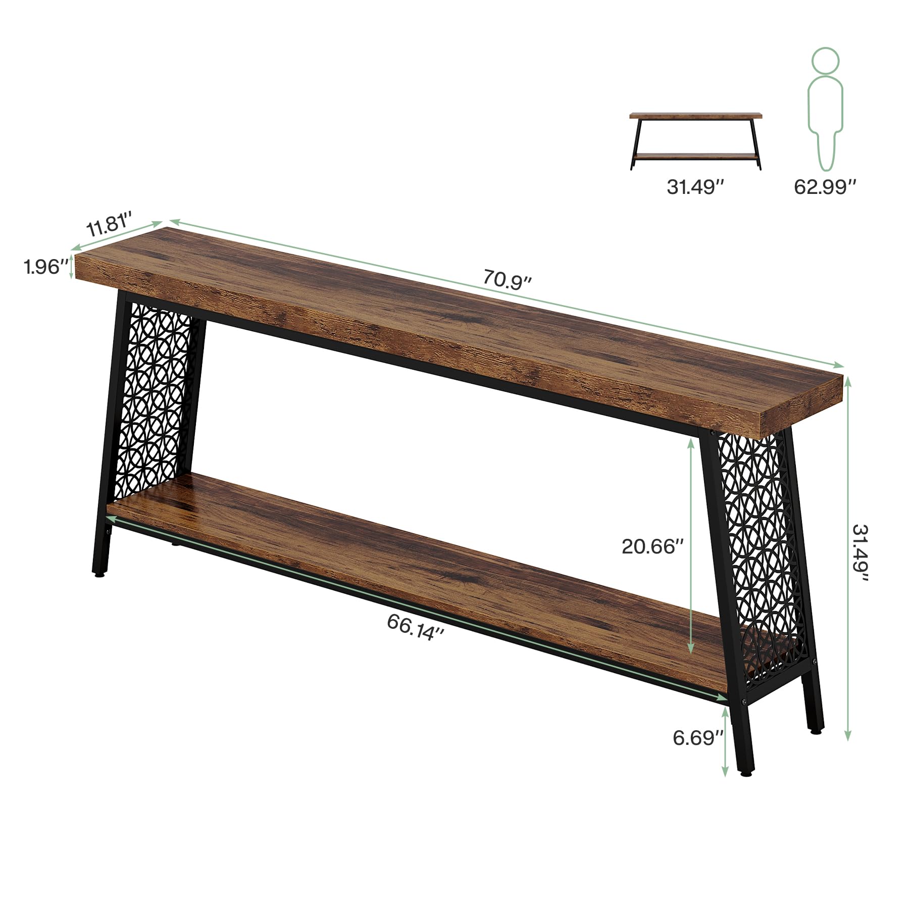 70.9" Console Table, 2-Tier Extra Long Sofa Table, Industrial Entryway Table Behind Couch