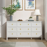 White Dresser for Bedroom, 9 Drawer Dresser with Wide Drawers and Gold Metal Handles