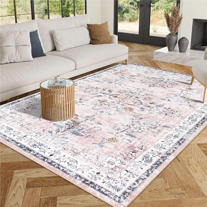 Machine Washable 5x7 Rug, Pink Rugs for Bedroom Girls, Soft Boho Floral Nursery Rug