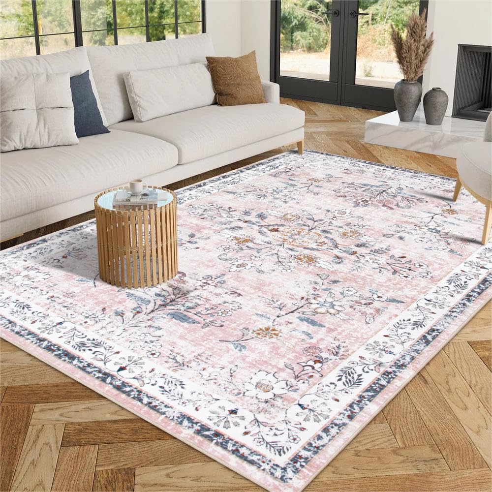 Machine Washable 5x7 Rug, Pink Rugs for Bedroom Girls, Soft Boho Floral Nursery Rug