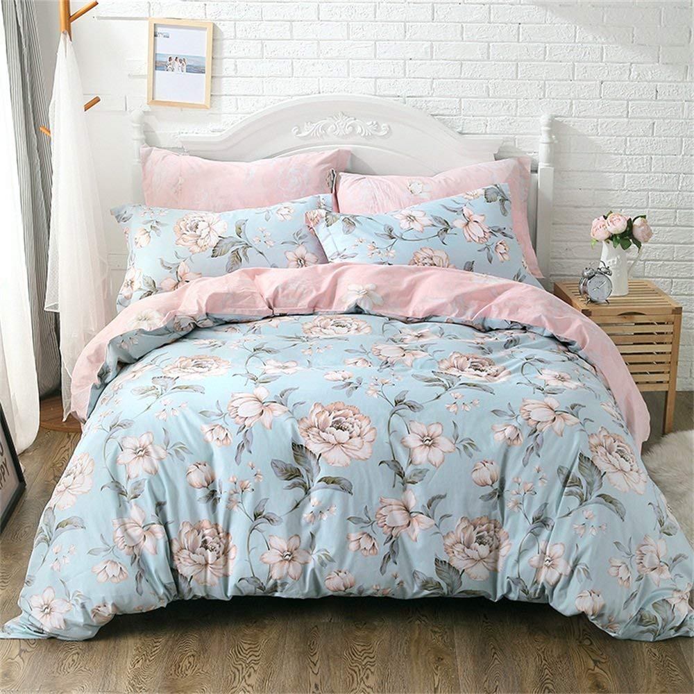 Shabby Pink Blue Floral Bedding Sets Cotton Duvet Cover Set 4-Piece Queen Size