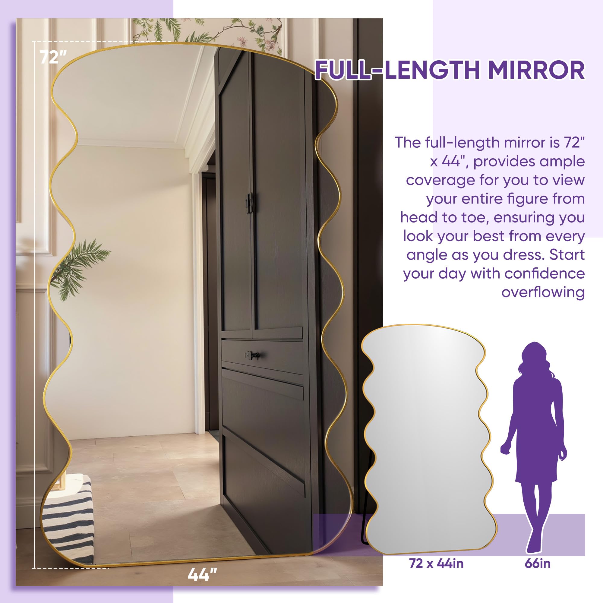 Arched Full Length Mirror 44"x76" - Gold Wave Floor Mirror with Stand