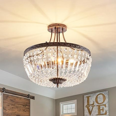 5-Light E12 Round Crystal Ceiling Light Fixture Modern Semi Flush