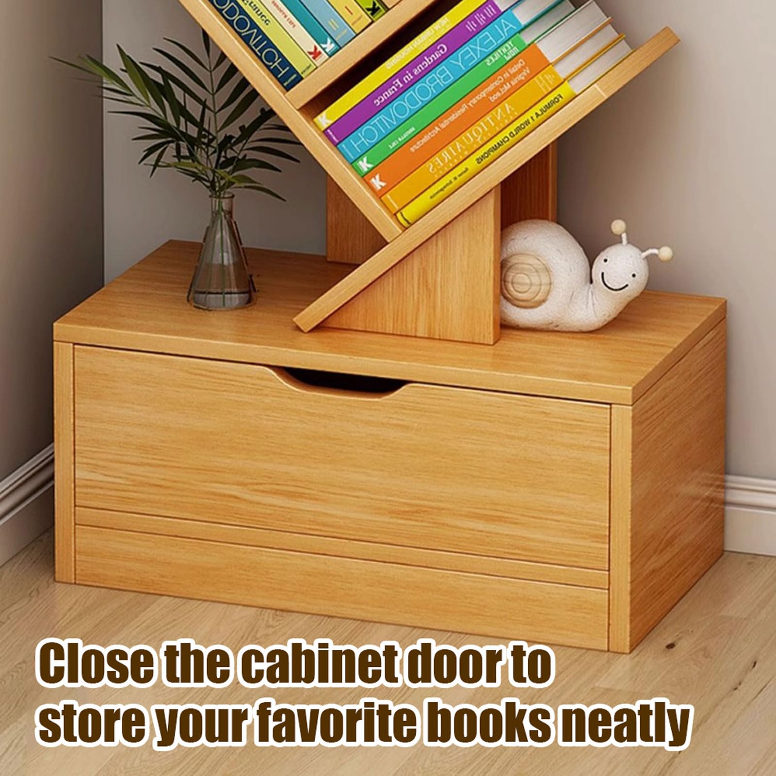YDkjwjw Freestanding Bookshelf, Tree Bookshelf with Cabinet Industrial Open Bookcase Floor Standing Display Shelves Utility Bookshelves Organizer for Books CDs Plants