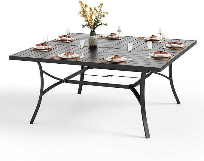 Large Outdoor Patio Table for 8 Person, 60" Square Metal Steel Slat Table with 1.57"-1.9" Adjustable Umbrella Hole, Weather-Resistant Outdoor Dining Table for Deck Backyards, Brown