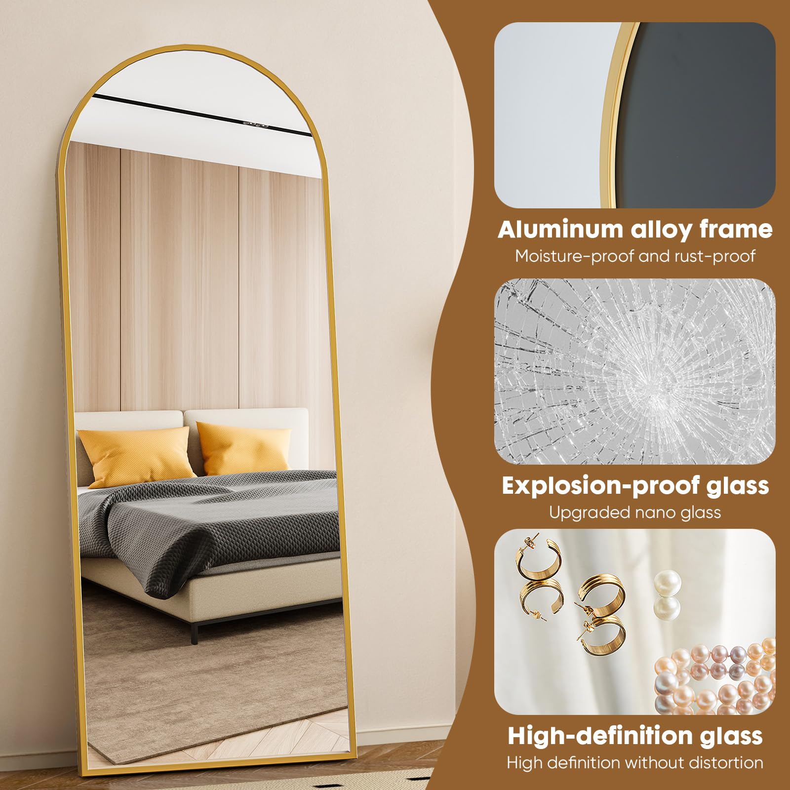 Full Length Arched Floor Mirror 71"x26" - Gold Aluminum Frame