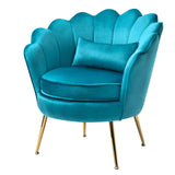 Azure Blue Velvet Chair with Lumbar Pillow for Bedroom, Accent Chair Mid Century Modern Vanity Chair for Living Room, Fabric Upholstered Arm Chair Guest Chair with Golden Metal Legs