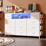 White Dresser with Power Outlets and LED Lights 11 Drawers with Side Pocket for Bedroom,