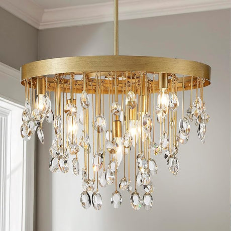 6-Lights Gold Chandeliers for Dining Room, Modern Crystal Pendant Light Fixture,