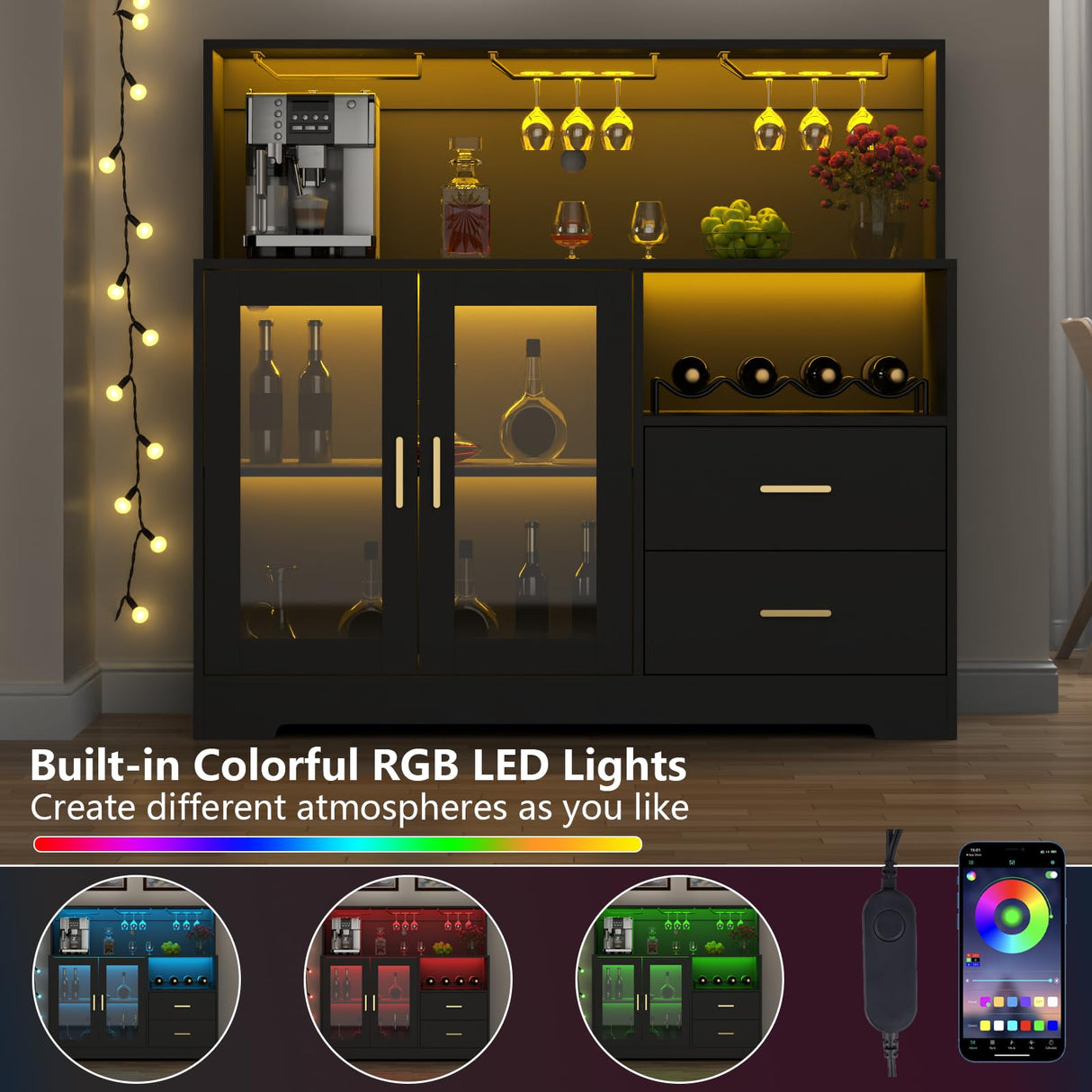 Wine Bar Cabinet with LED Light, Home Coffee Cabinet with Wine and Glass Rack