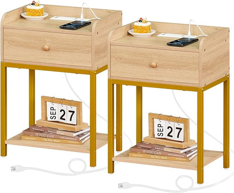 Nightstand with Charging Station and USB Ports, Natural Night Stand with Storage Drawers