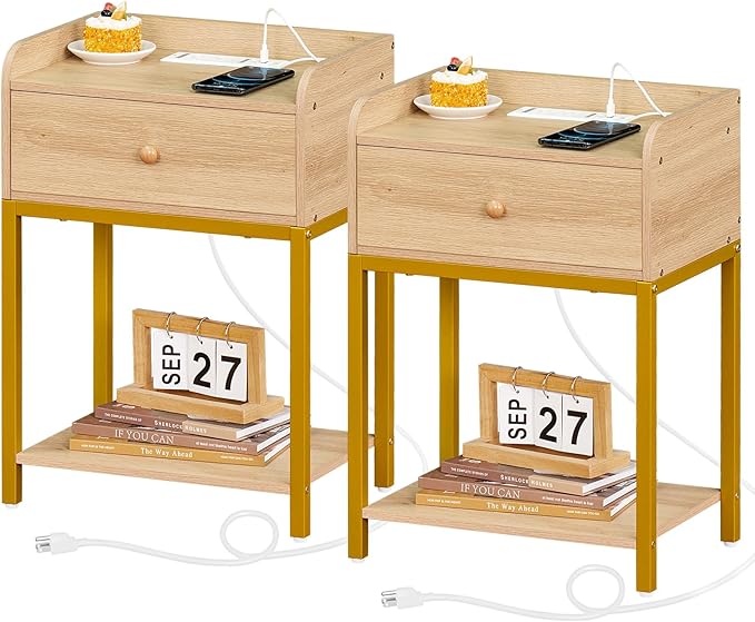 Nightstand with Charging Station and USB Ports, Natural Night Stand