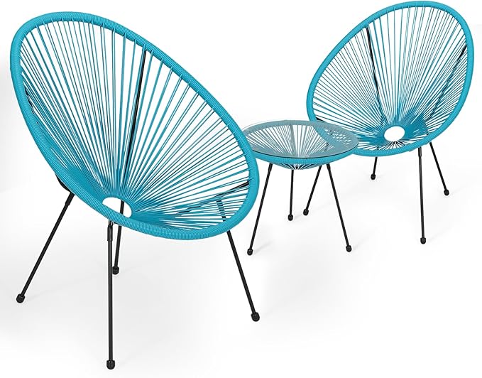 Outdoor Acapulco Chair Set 3-Piece with Glass Top Table, Lightweight All-Weather Woven