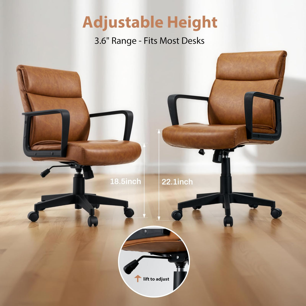 Brown Leather Office Chair with Wheels and Arms