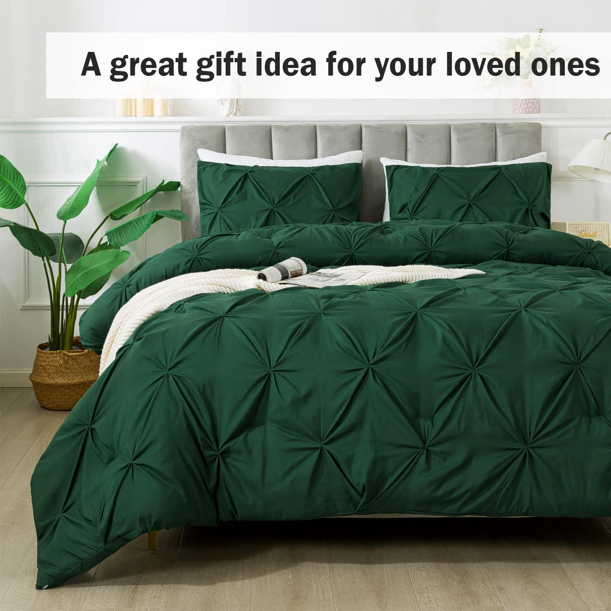 Dark Green Pinch Pleated Comforter Queen(90x90Inch), 3 Pieces(1 Pintuck Comforter and 2 Pillowcases)